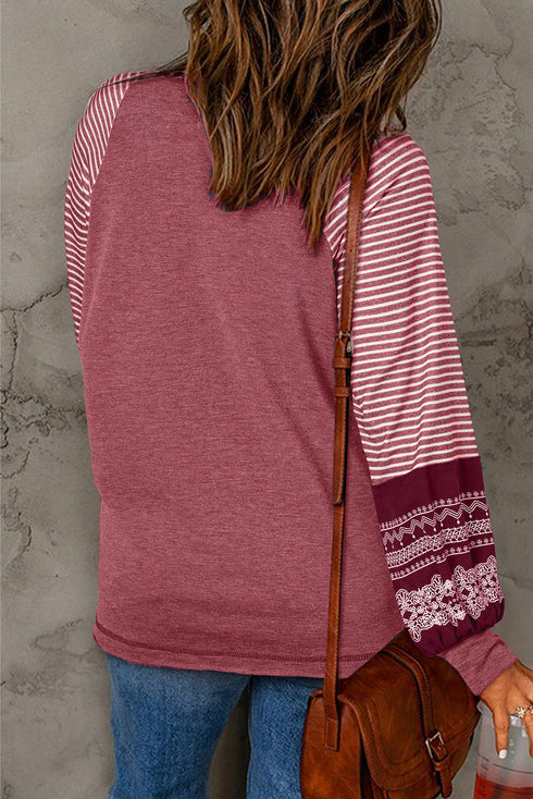 Contrast Print Striped Raglan Crew Neck Loose Long Sleeve Top